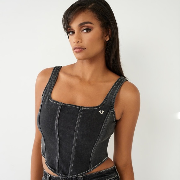 True Religion Lace Up Black Denim Corset Top - Picture 1 of 2